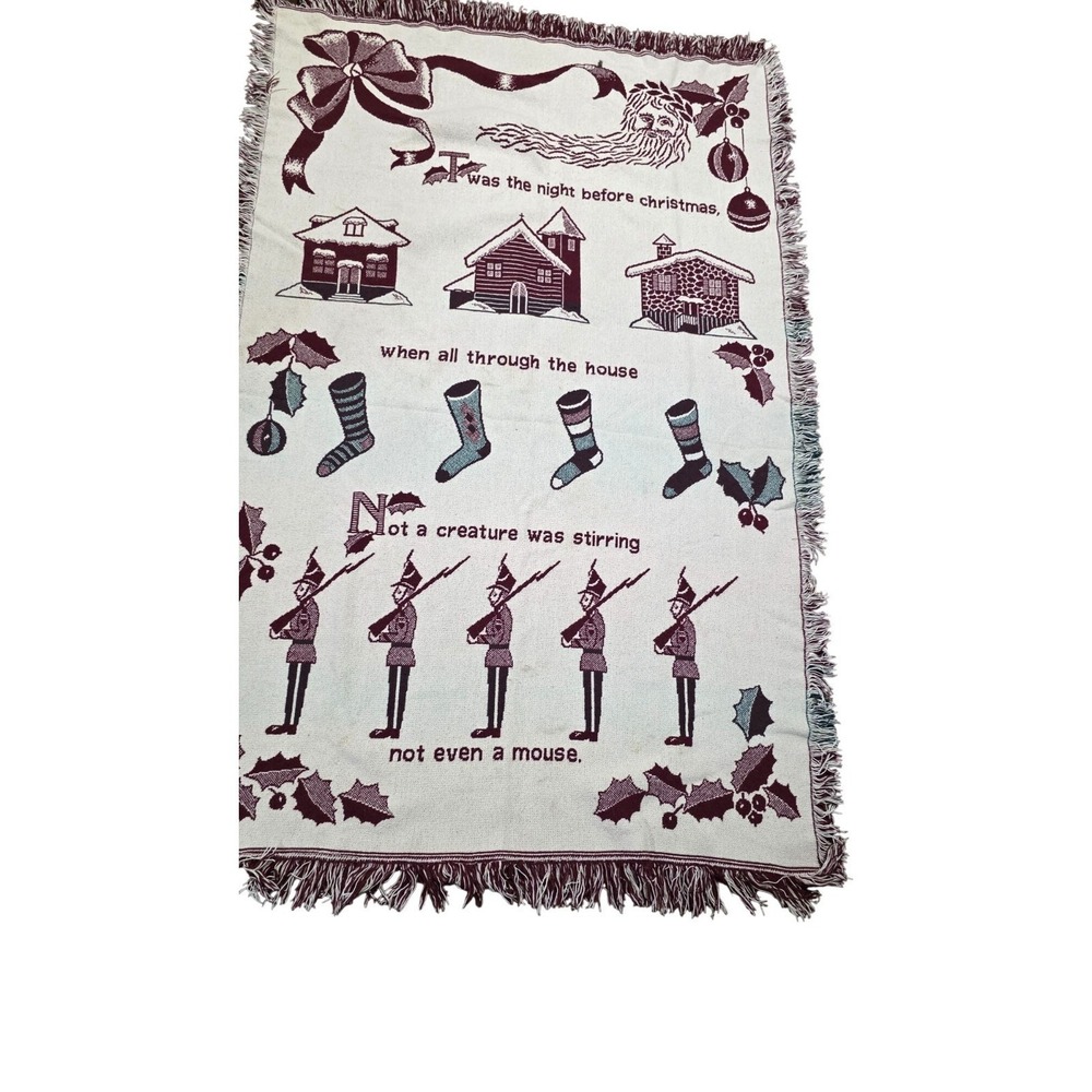 Vintage Christmas-Themed Woven Cotton Throw Blanket 47" X 70" Made In Spain